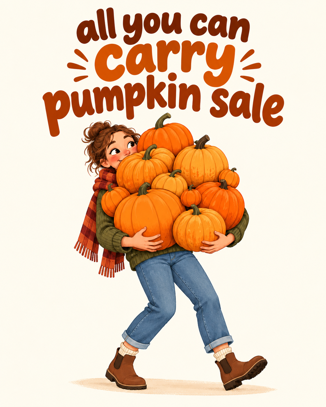 All you can carry pumpkin sale: a woman carrying an armful of pumpkins