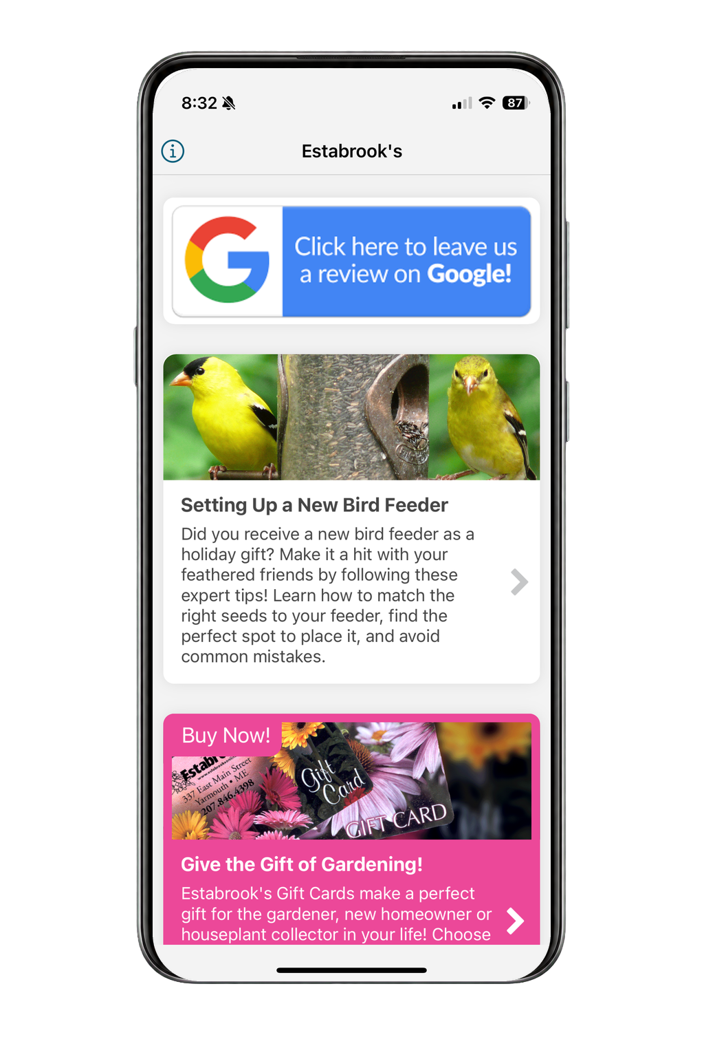 Bird-feeding article and seasonal content in the Estabrook's mobile app