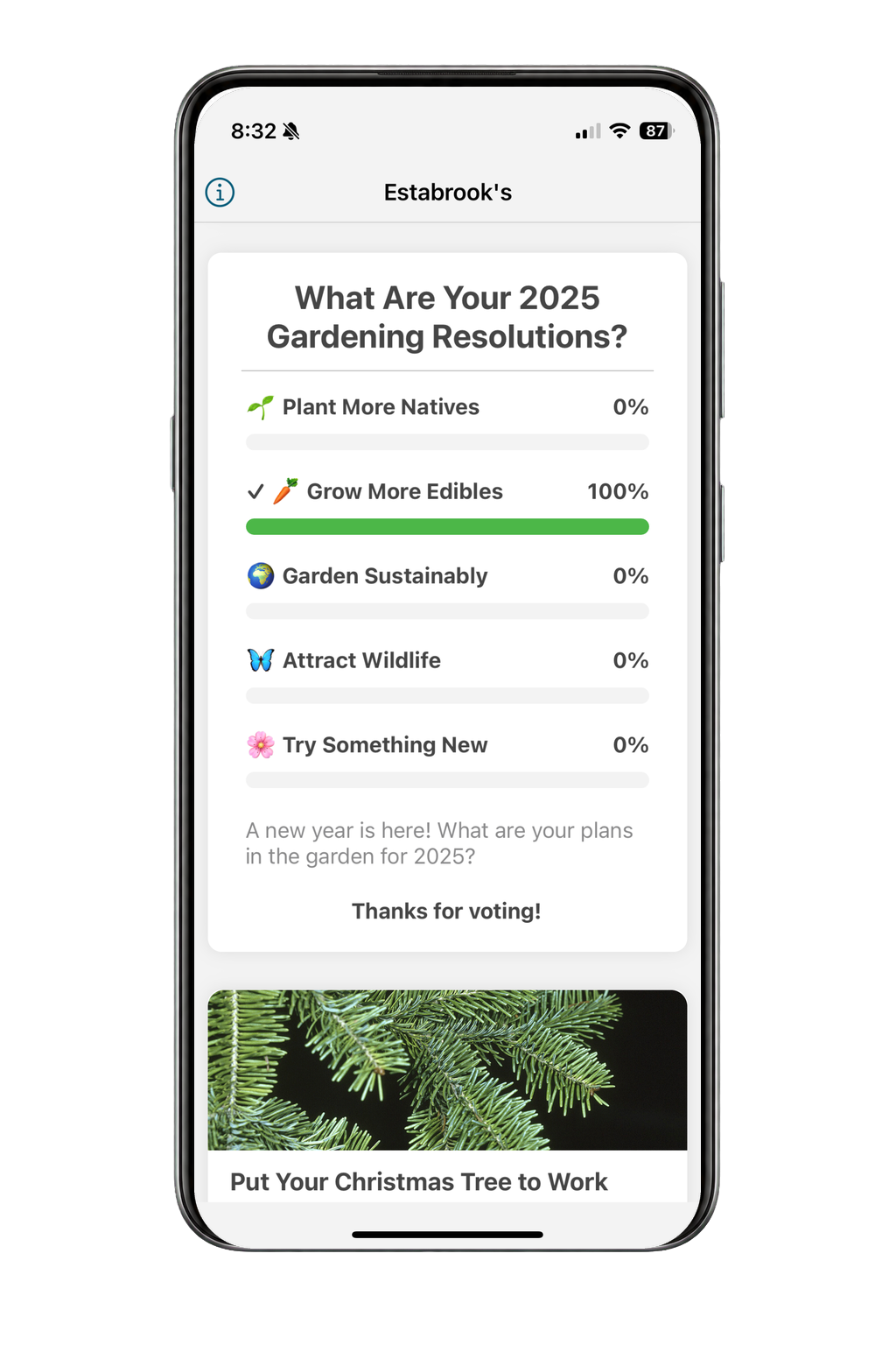Gardening resolutions poll results in the Estabrook's mobile app