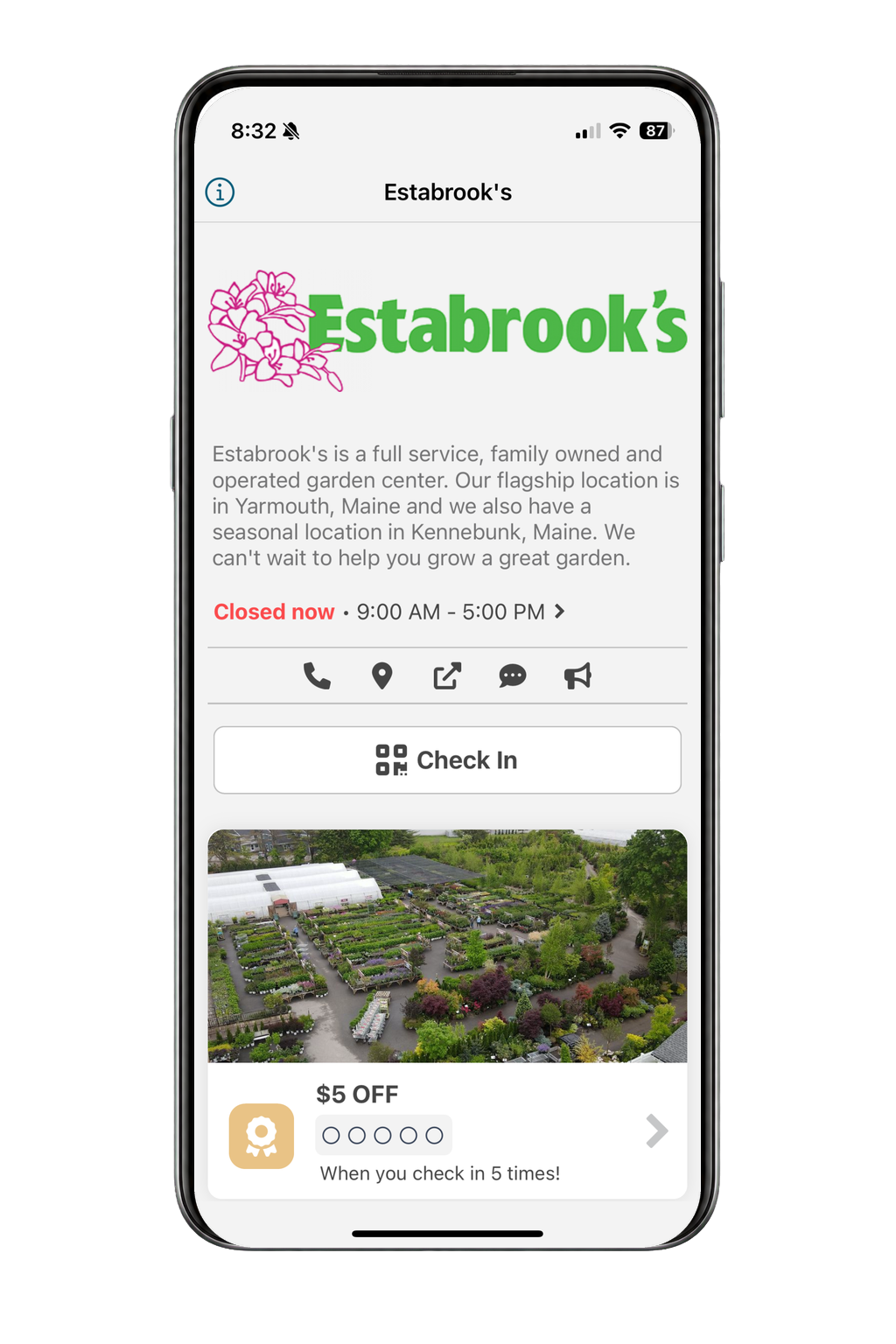 Estabrook's app home screen with the check-in button and five-visit reward tracker