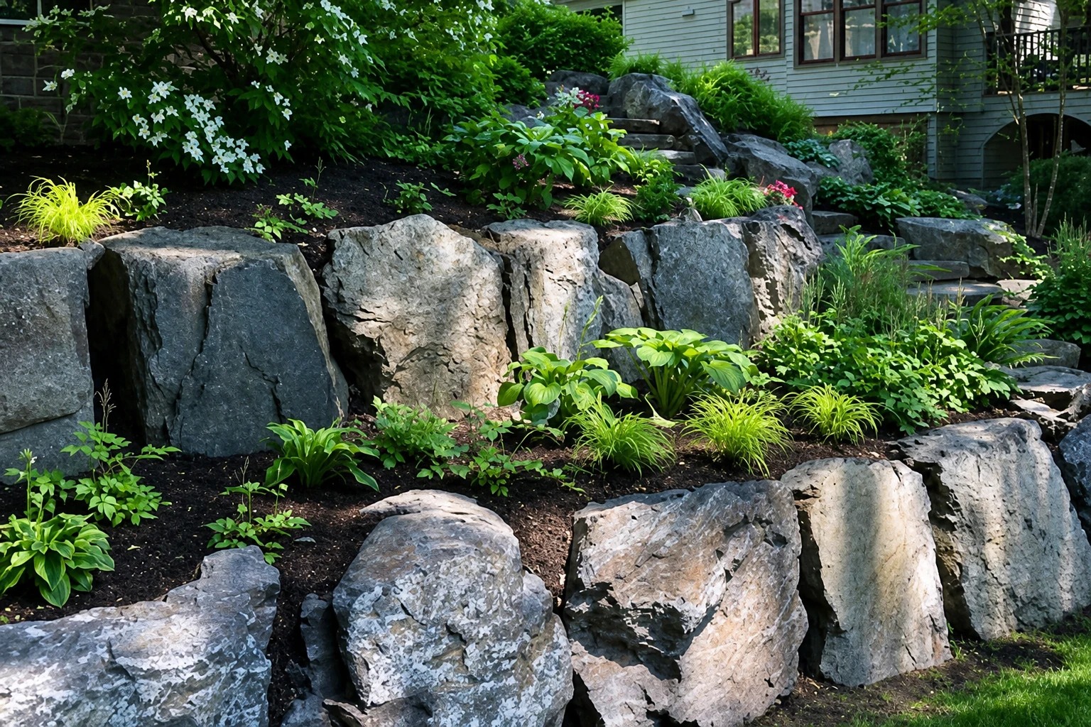 A woodland garden with layered plants and a stone path