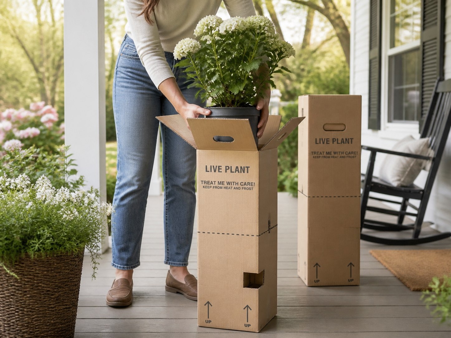 A healthy nursery plant unpacked from its tall individual shipping box
