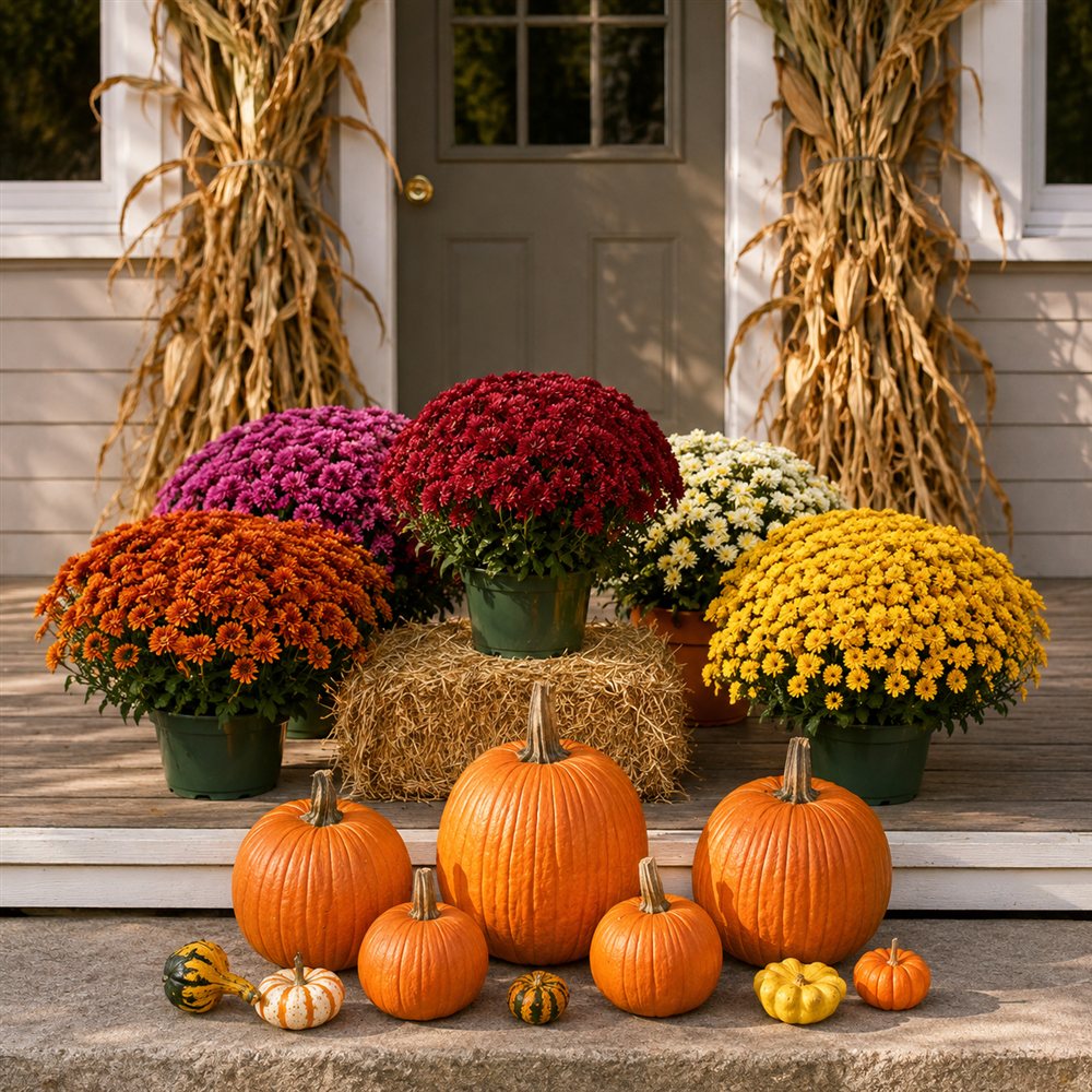 Colorful mums, pumpkins, gourds, a straw bale and cornstalks arranged on a front porch