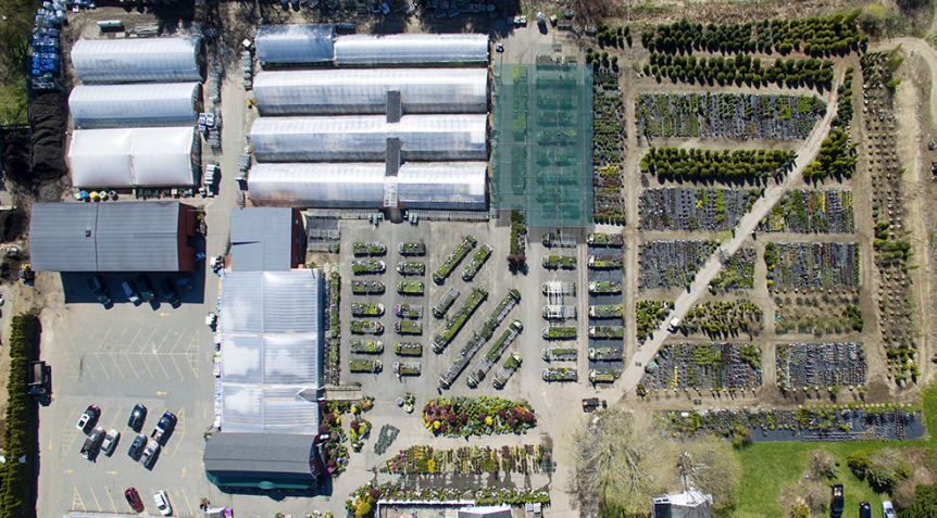 Aerial view of the Estabrook's Yarmouth garden center and growing fields