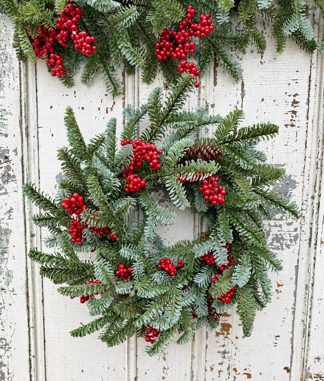 Evergreen-style wreath with red berries and pinecones on rustic white wood