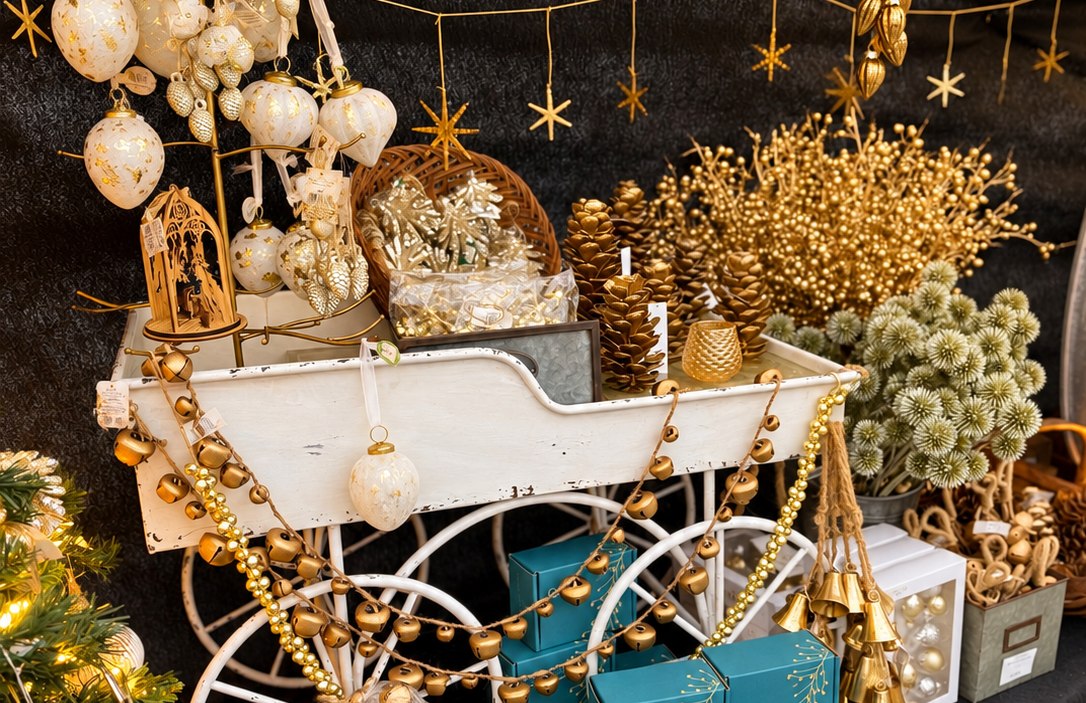 Gold and white holiday ornaments, bells and decorative accents in a warmly lit display