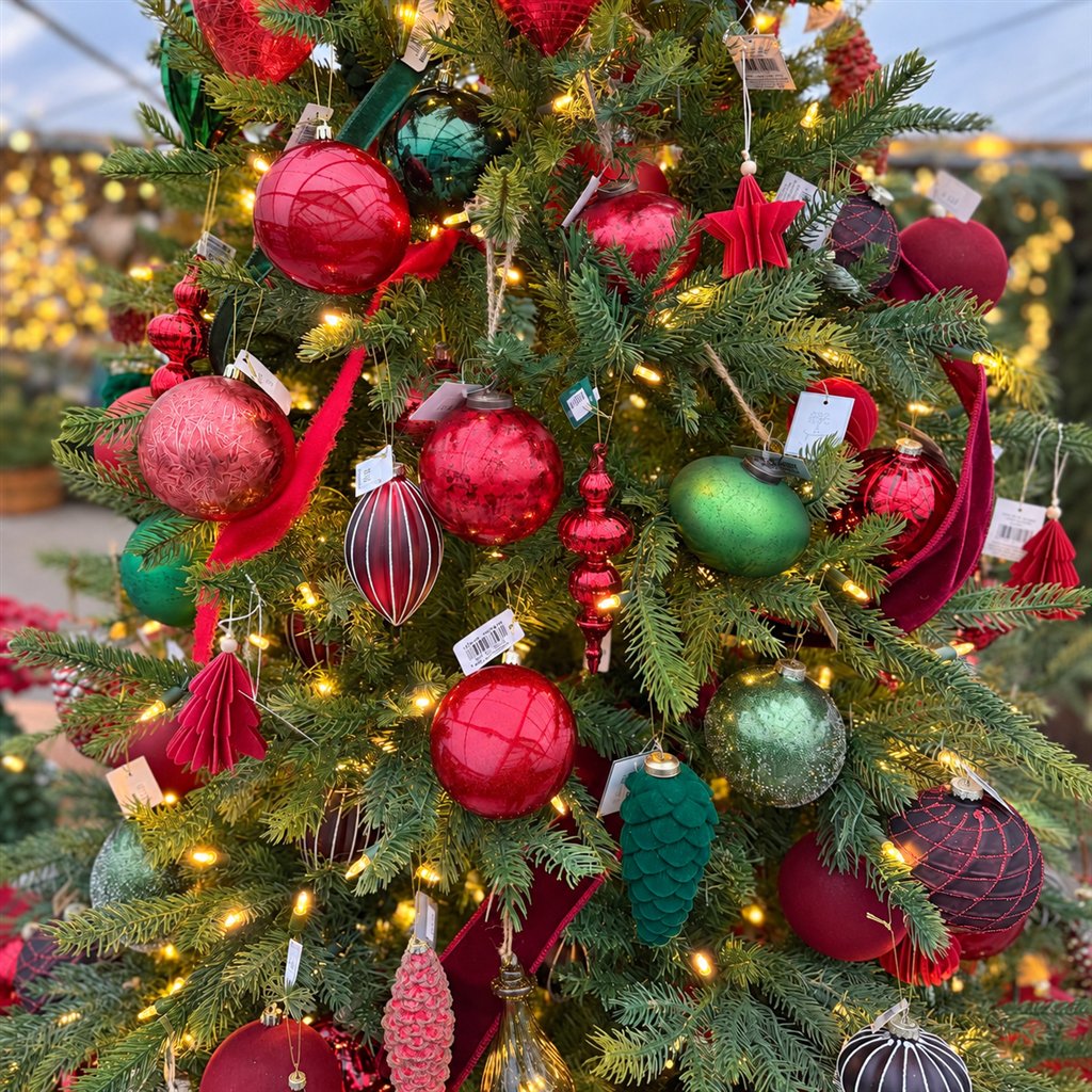 Red and green ornaments on a warmly lit holiday tree