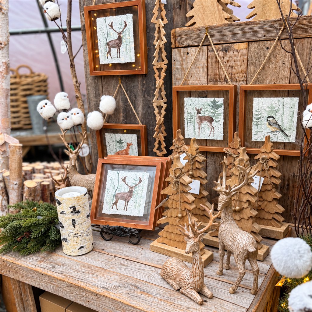Wooden deer and trees with framed woodland artwork