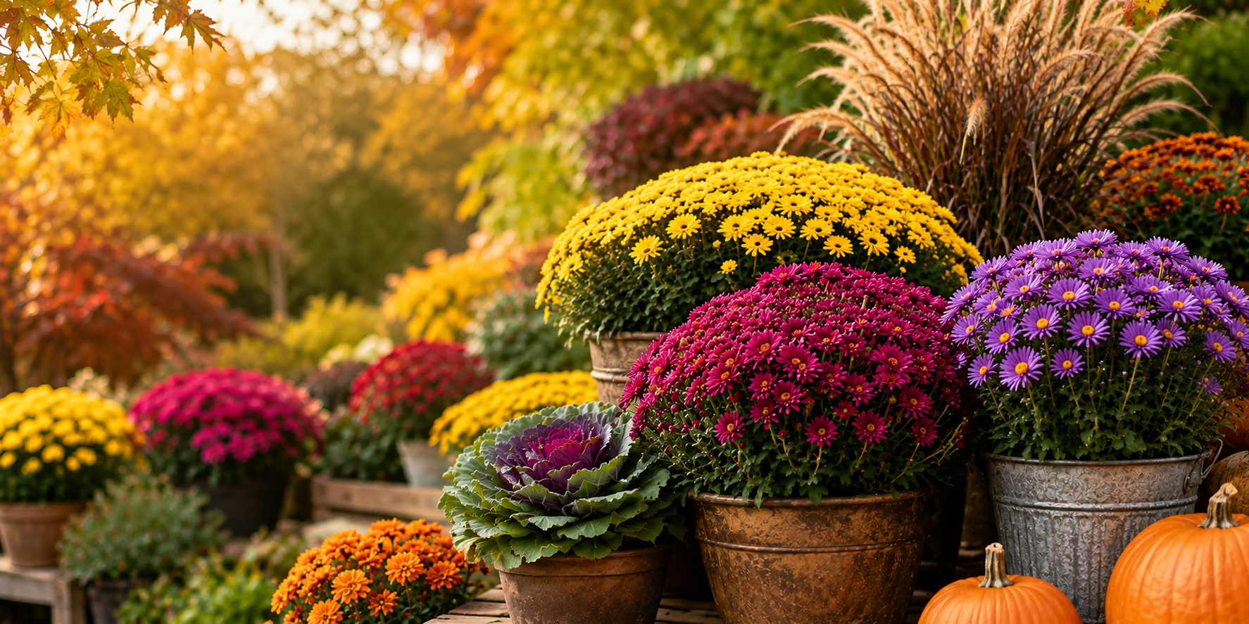 Colorful fall mums, asters, ornamental cabbage and grasses in autumn containers