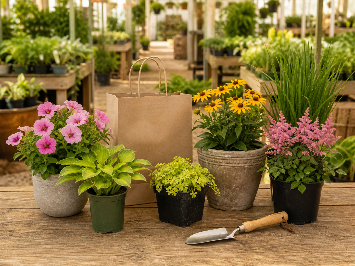 A ready-for-pickup order of colorful plants in a garden center greenhouse