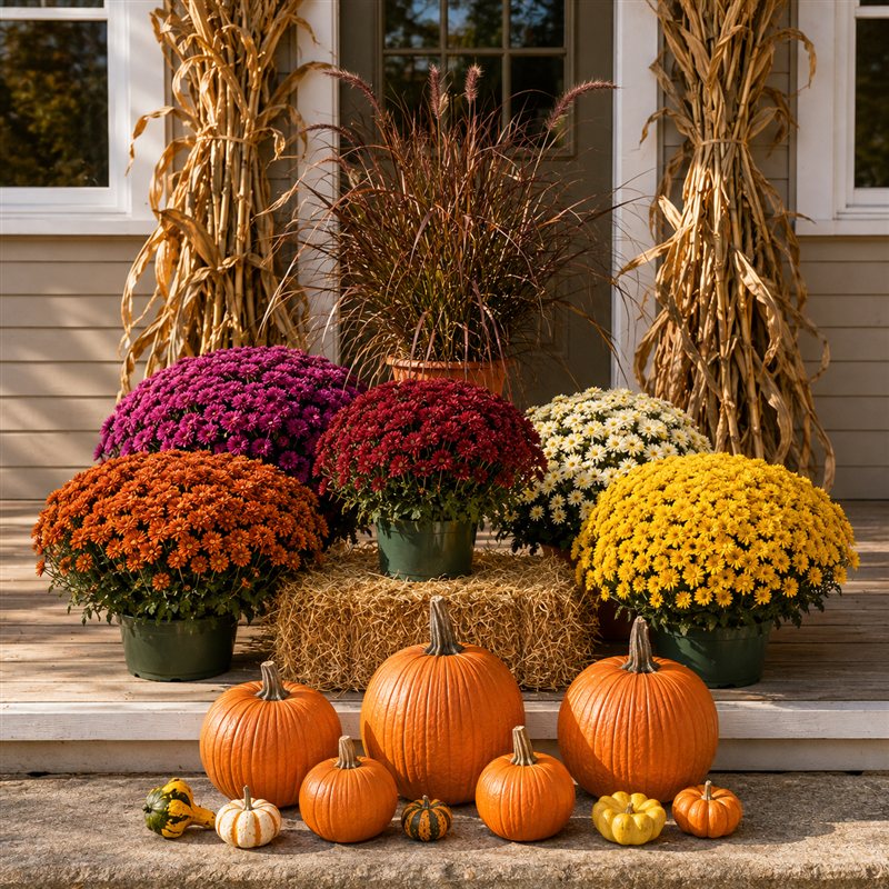 A generous fall porch display with mums, ornamental grass, pumpkins, gourds and cornstalks
