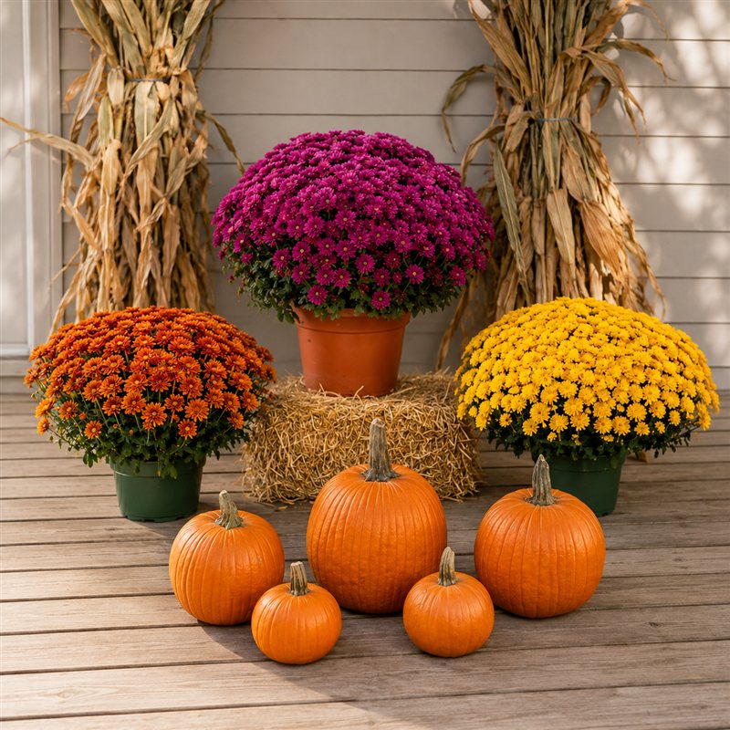 Three mums, five pumpkins, a straw bale and cornstalks decorating a porch