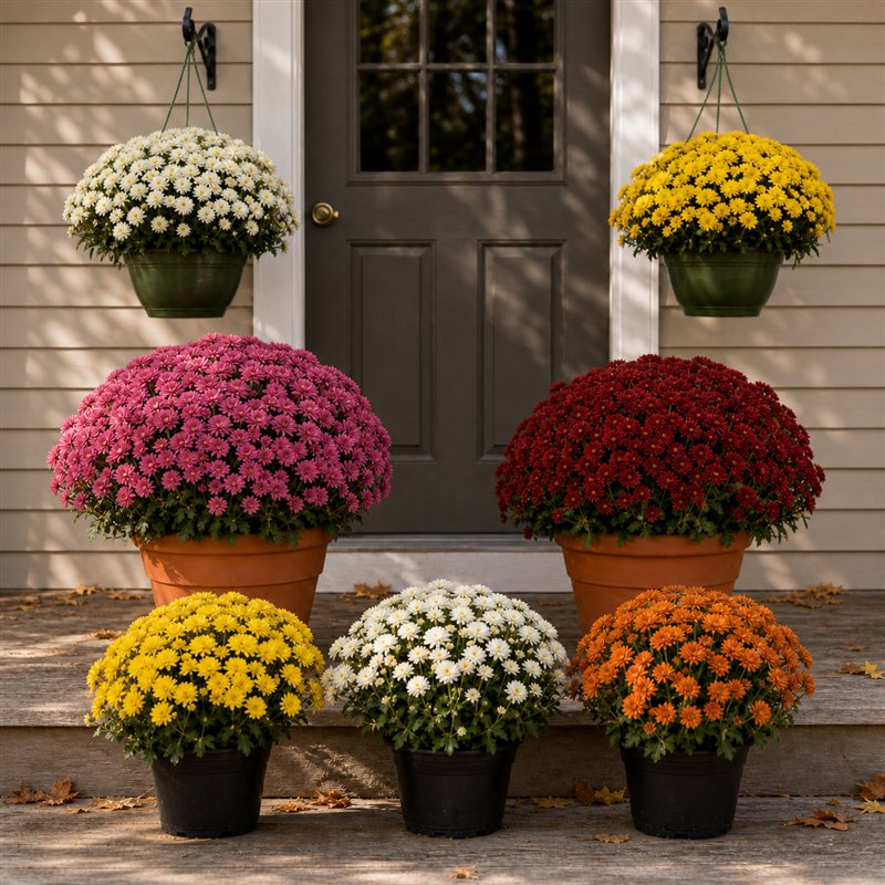 Seven colorful mums in deco pots, nursery pots and hanging baskets