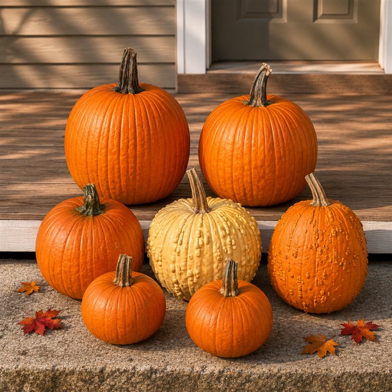 A mix of seven carving, pie and novelty pumpkins on porch steps