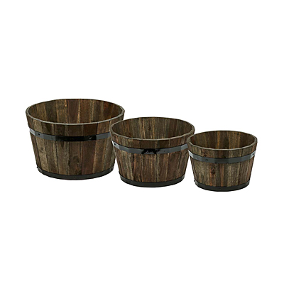 Wood Barrel Planter with Brown Oil
