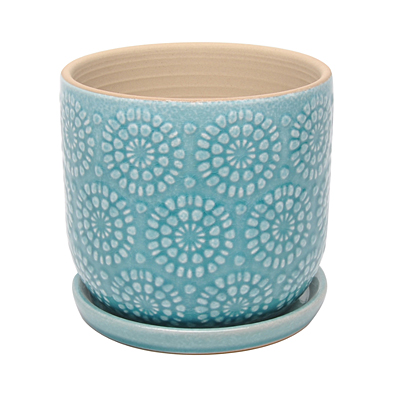Medallion Egg Pot with Attached Saucer - Light Blue