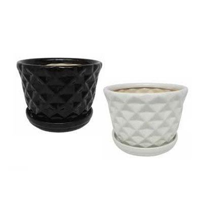 Pineapple Pot with Attached Saucer - Black/White