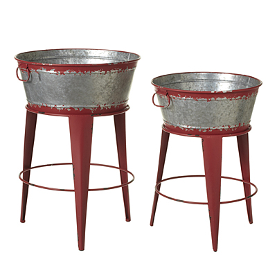 Plant Stand - Distressed Red Round Bucket with Handles