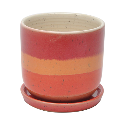 Stripe Egg Pot with Attached Saucer - Coral