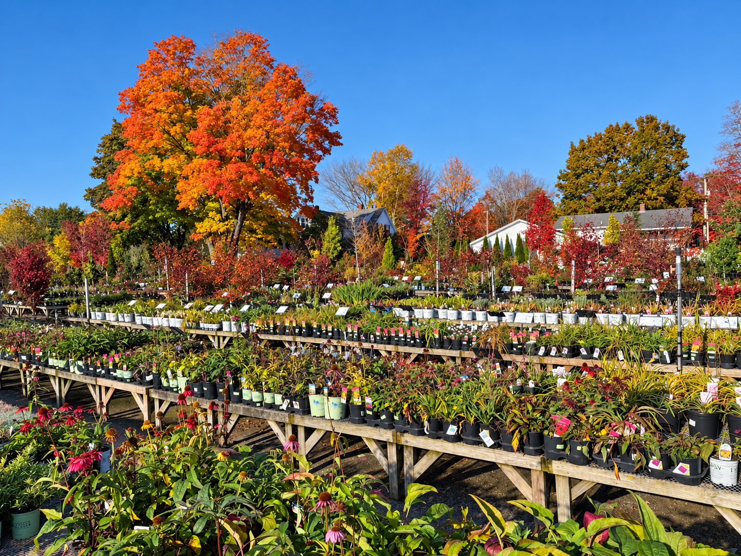 Perennials and grasses displayed beneath colorful autumn maples at Estabrook's garden center