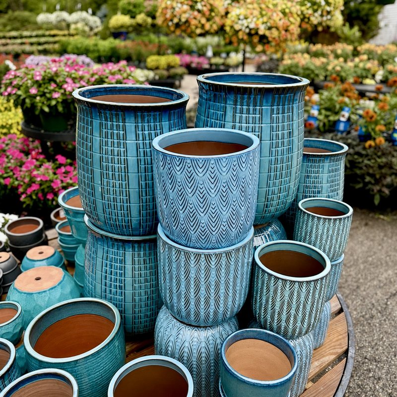 Blue glazed pottery at Estabrook's Yarmouth garden center