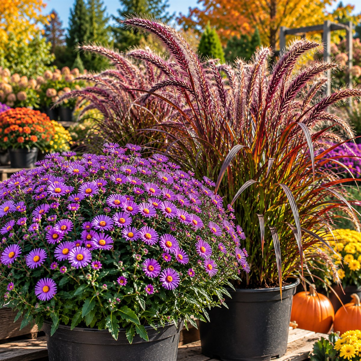 Purple fall asters and burgundy pennisetum rubrum displayed at a garden center