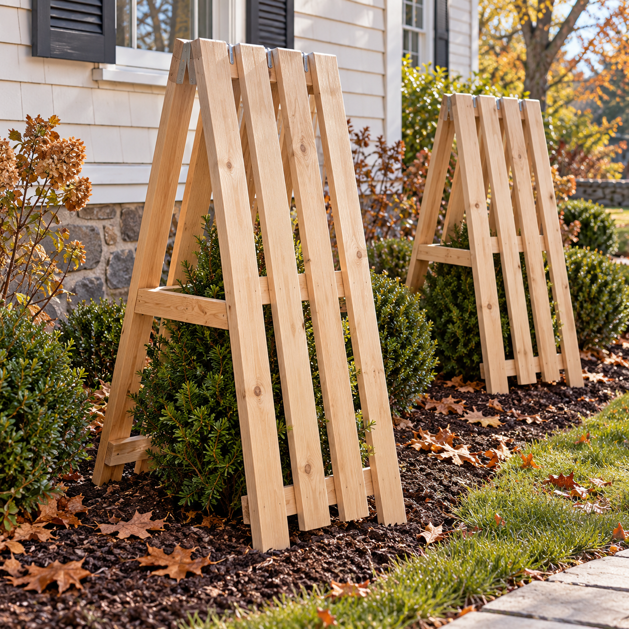 Folding cedar shrub guards protecting shrubs beside a home