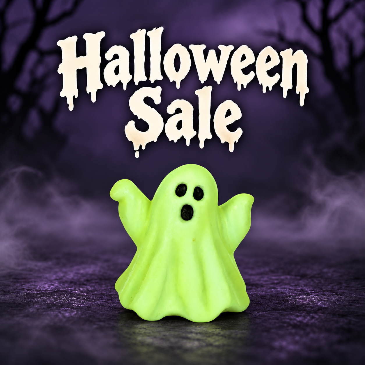 Halloween Sale with a green ghost in purple mist
