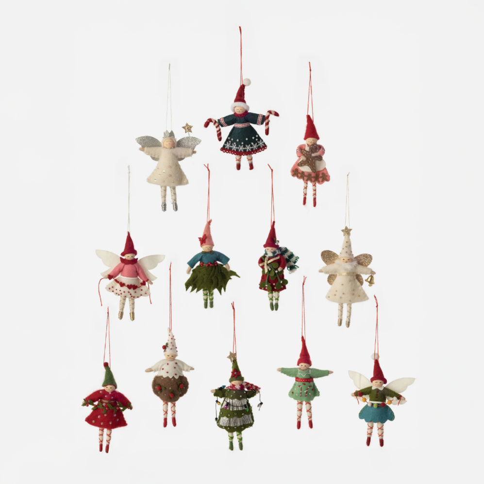 Colorful hanging holiday fairy ornaments
