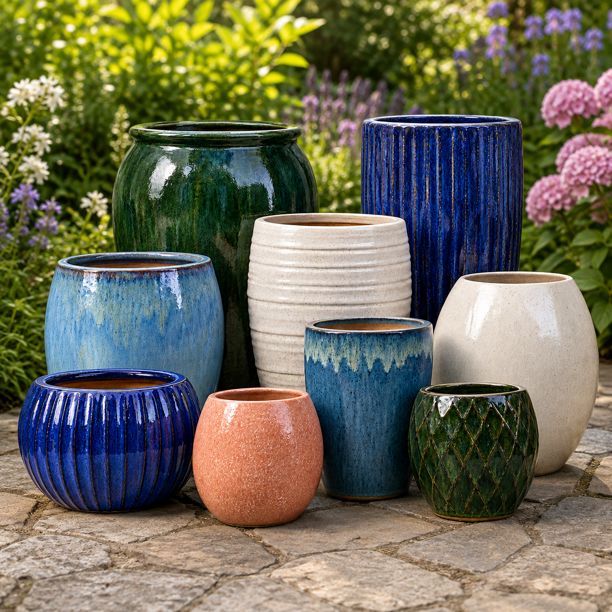 Colorful glazed outdoor pottery arranged in a garden