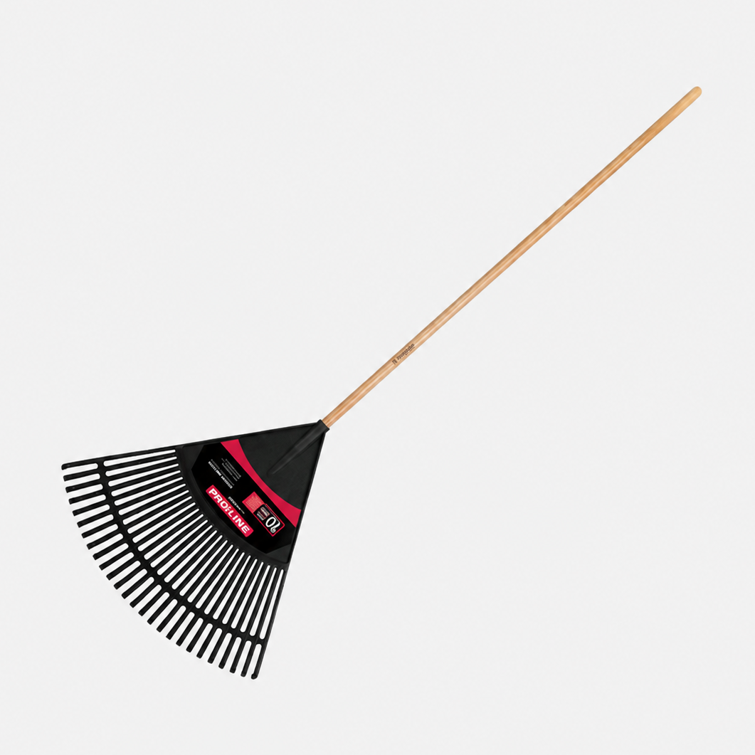 Black leaf rake with a wooden handle