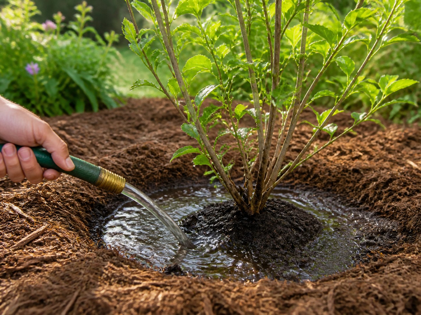 A low-flow hose filling the soil basin around the root zone of a newly planted shrub
